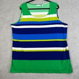 Susan Graver Tunic Blouse Womens 2X Green Blue Striped Sleeveless Stretch Flowy